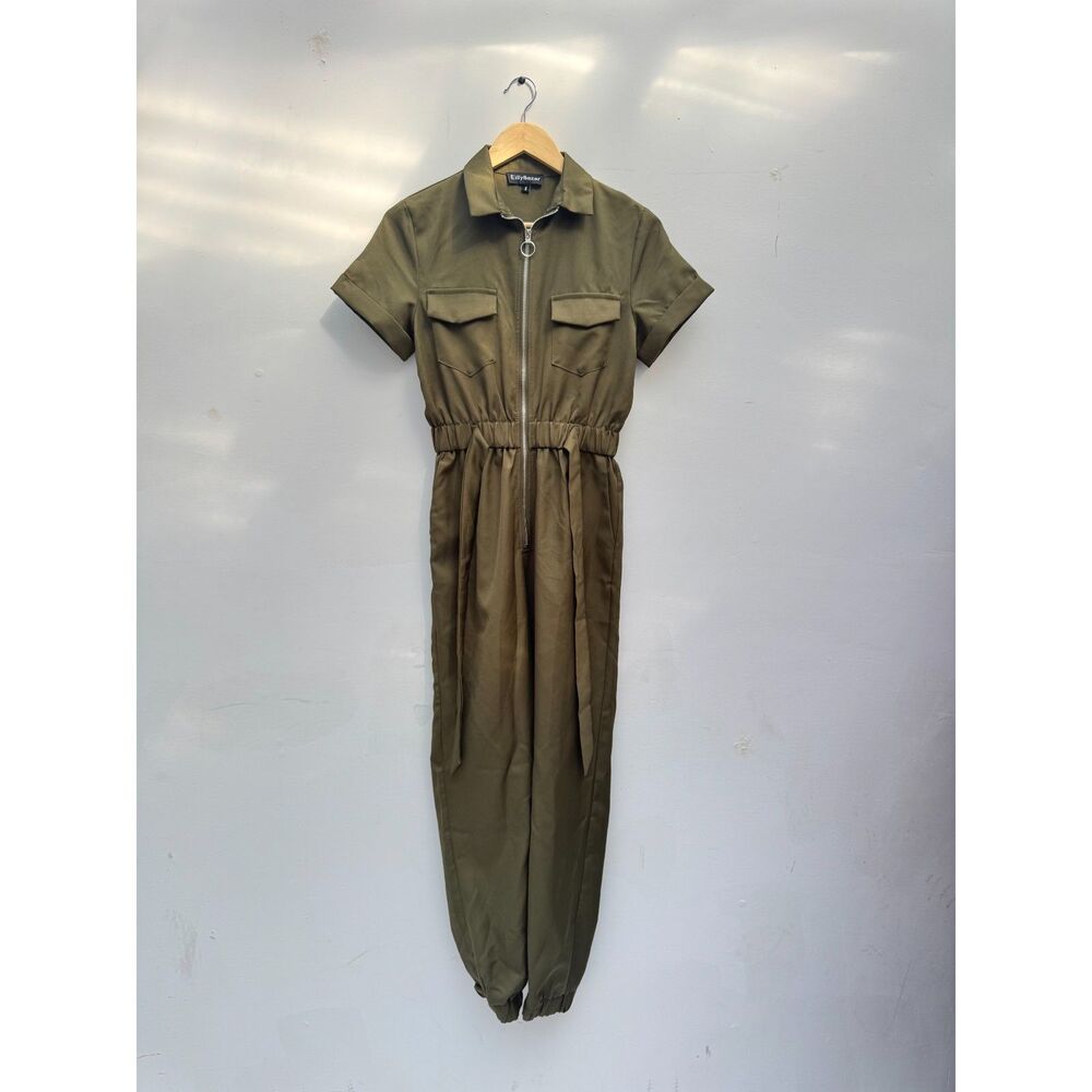 Olive Green Zip Front Utility Jumpsuit Short Sleeve Tie Waist Jogger Cuff